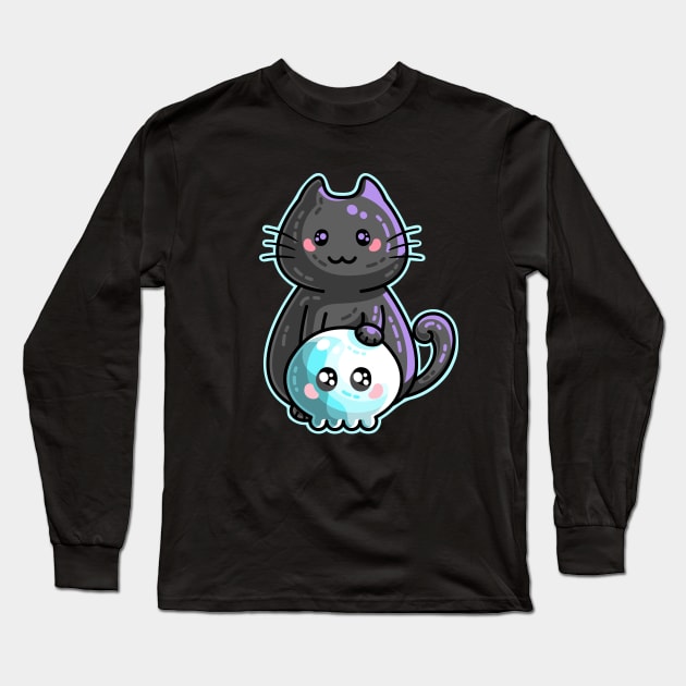 Kawaii Cute Black Cat and Skull Long Sleeve T-Shirt by freeves